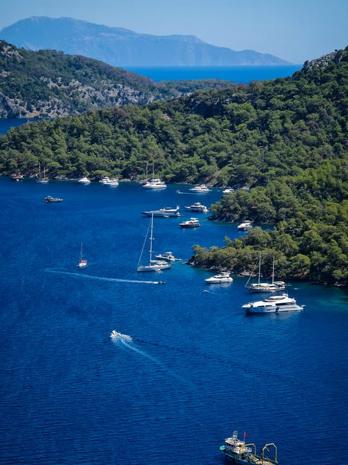Serene Aerial View of Boats in a Blue Bay · Free Stock Photo