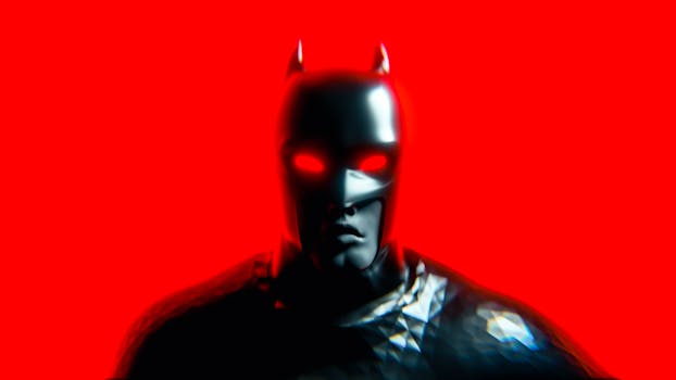 Vivid image of a superhero in a mask with glowing eyes against a striking red background.