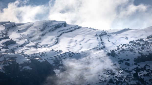 Snow Covered Mountain Under Cloudy Sky