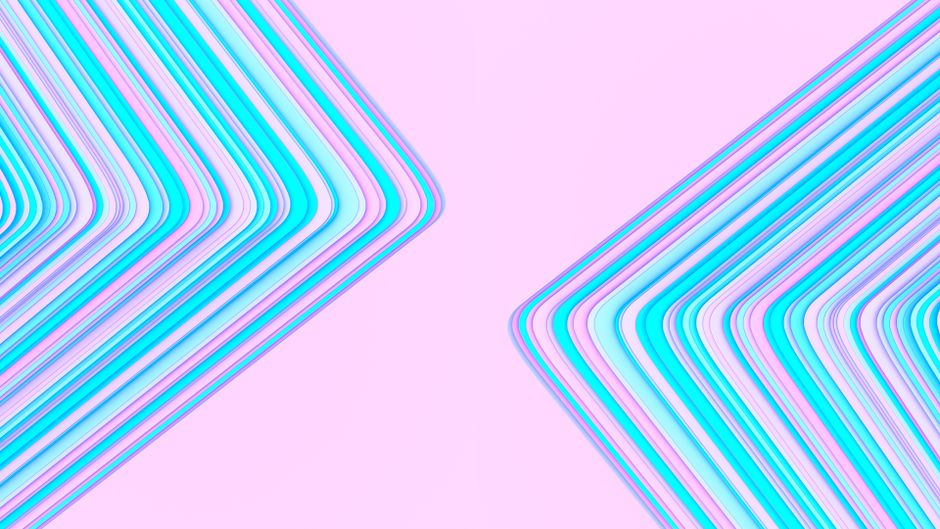 Dynamic abstract geometric composition with vibrant pastel pink and blue lines on a pink background.