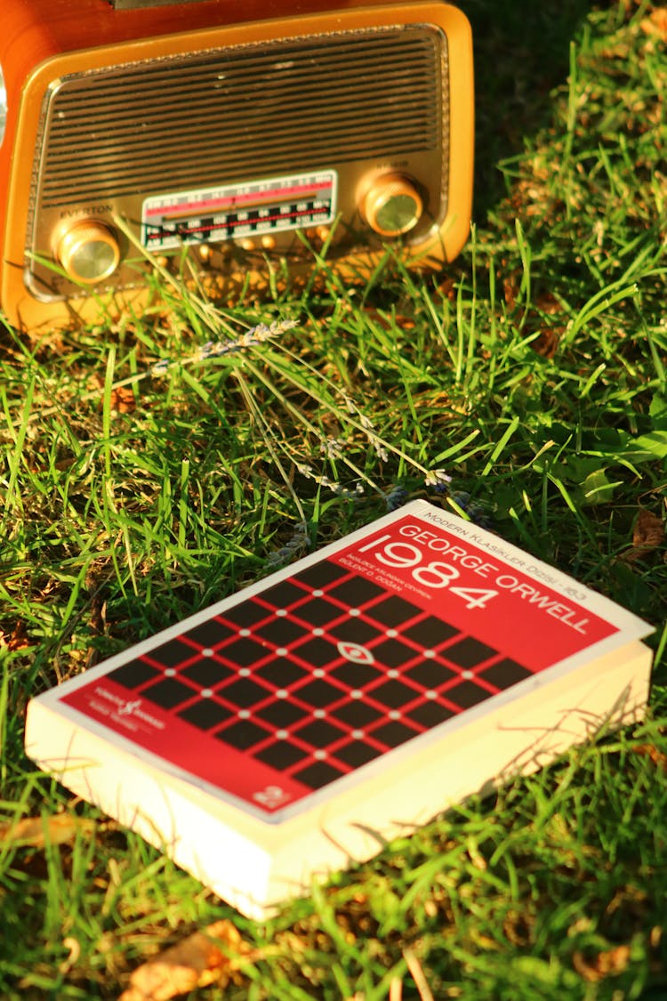 A Book And Radio On Green Grass Field