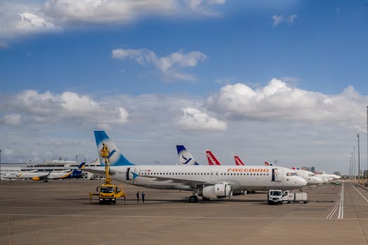 Multiple commercial airplanes parked at an airport under a clear blue sky, showcasing aviation infrastructure.