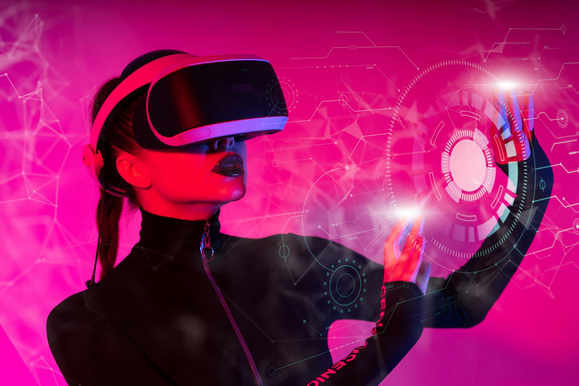 A young woman wearing a VR headset interacts with a digital interface in a futuristic setting.