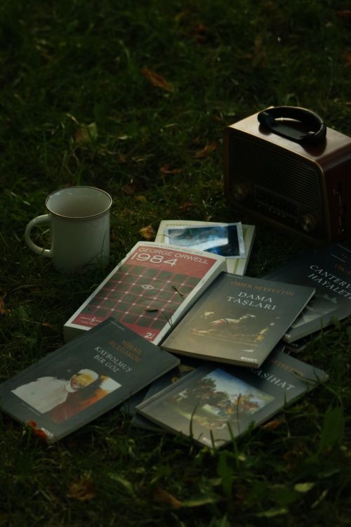 Free A nostalgic outdoor scene featuring books, a radio, and a cup on grass, evoking a vintage summer vibe. Stock Photo