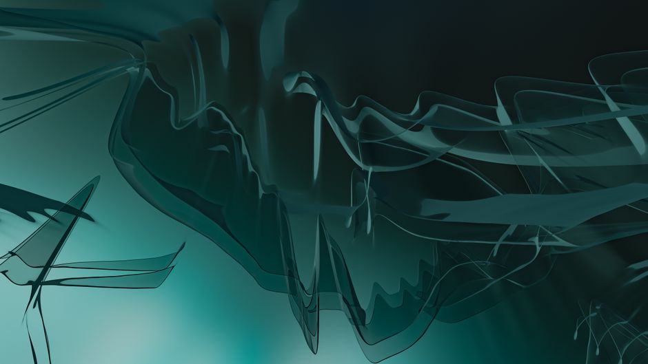 Dynamic abstract waves in teal and black create a modern artistic visual.