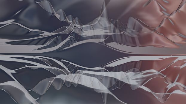 Digital abstract artwork featuring fluid metallic shapes and oblique lines in gray and copper tones.
