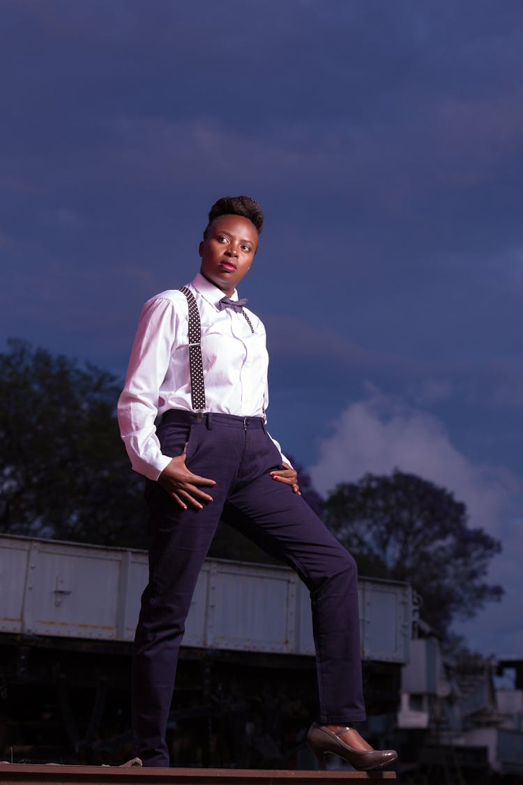 Woman Wearing Bowtie And Suspenders