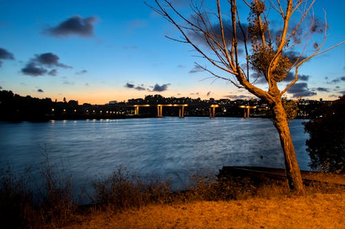 View of an Illuminated Bridge and Silhouetted Town from Across the Water at Sunset 