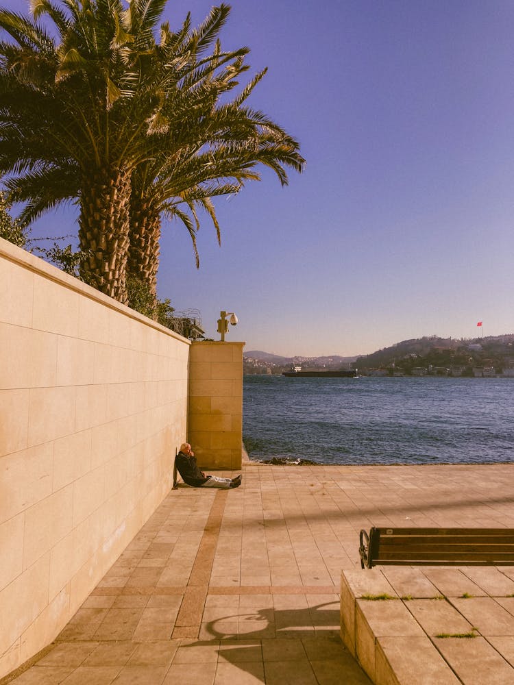 Person Sitting Under Wall By Sea Shore