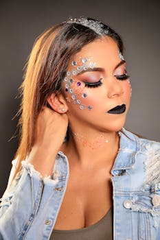 Portrait of a woman with artistic rhinestone makeup and dark lipstick in a denim jacket.