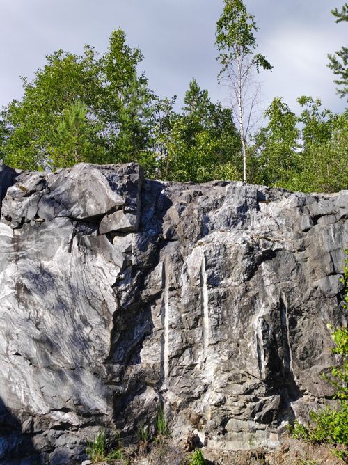 Free A rugged rock cliff under a bright sky, surrounded by green trees in a natural setting. Stock Photo