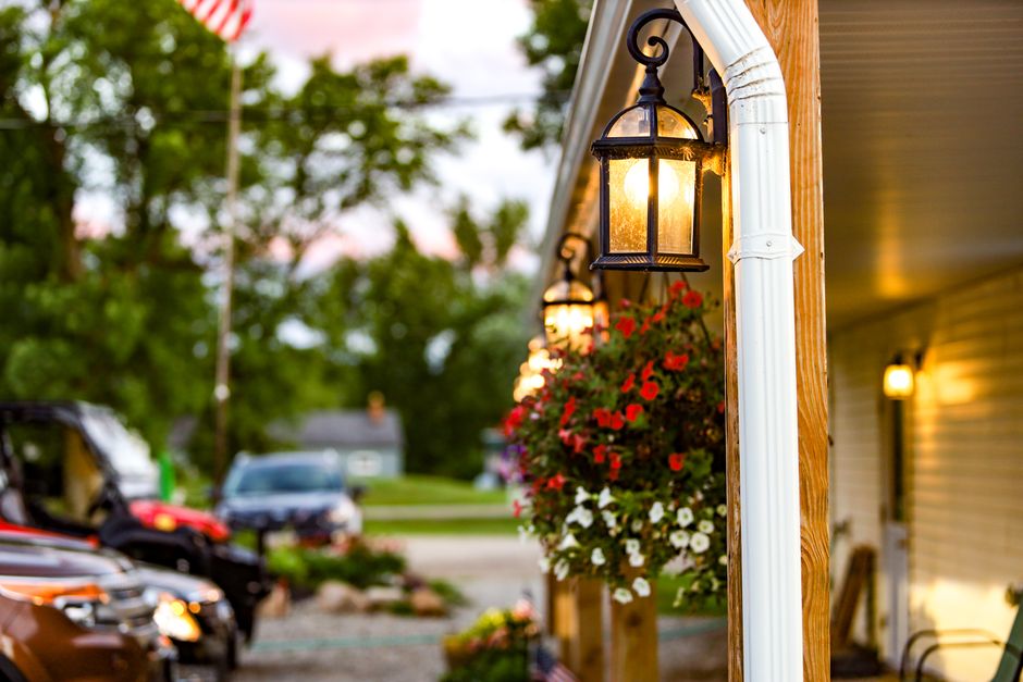 american flag porch dusk