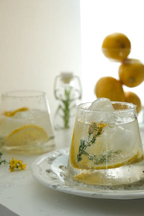 Clear Drinking Glass with Ice Cubes and Sliced Lemon