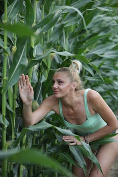 金发女子身穿绿色服装，在玉米地里享受夏日时光