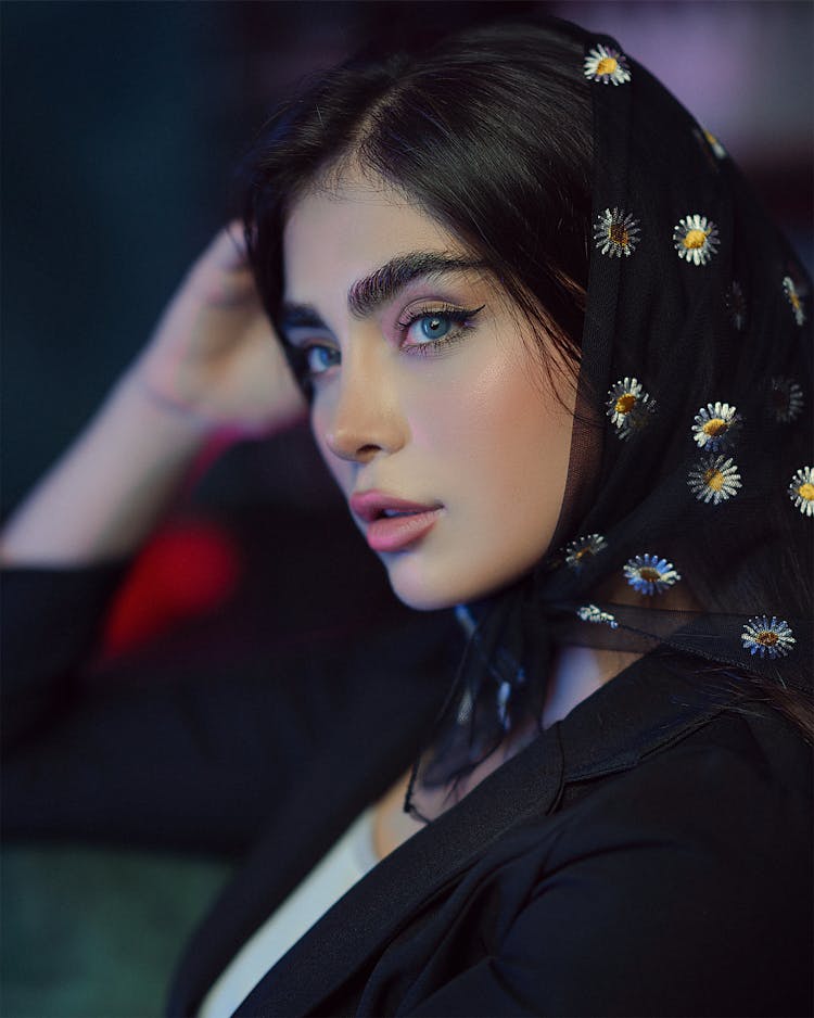 Portrait Photography Of Attractive Brunette Model Girl In Kerchief