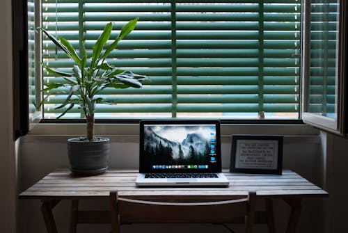 Photo of Macbook Air on a Table Next to House Plant and Picture Frame.