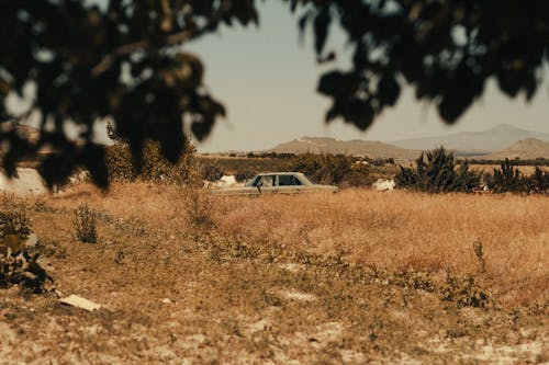 An Abandoned Car Parked on the Field Near the Mountain