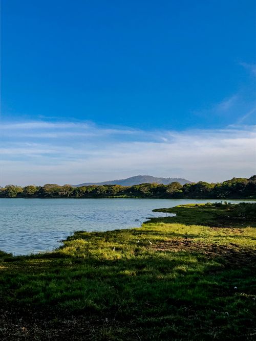 Free A tranquil lakeside view with a clear blue sky and distant mountain range, ideal for nature lovers. Stock Photo