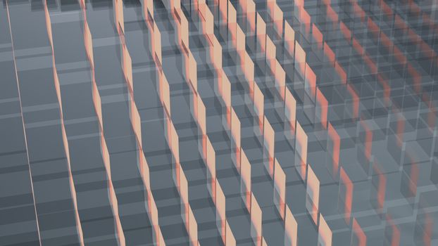 Abstract geometric design featuring layered glass-like structures in soft gray and pink tones.