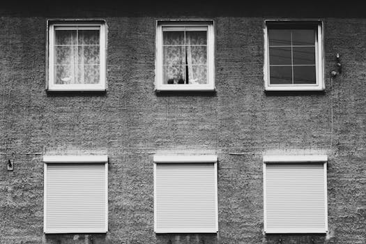 这是一张展示城市建筑设计的单色图像，建筑外观有六扇窗户