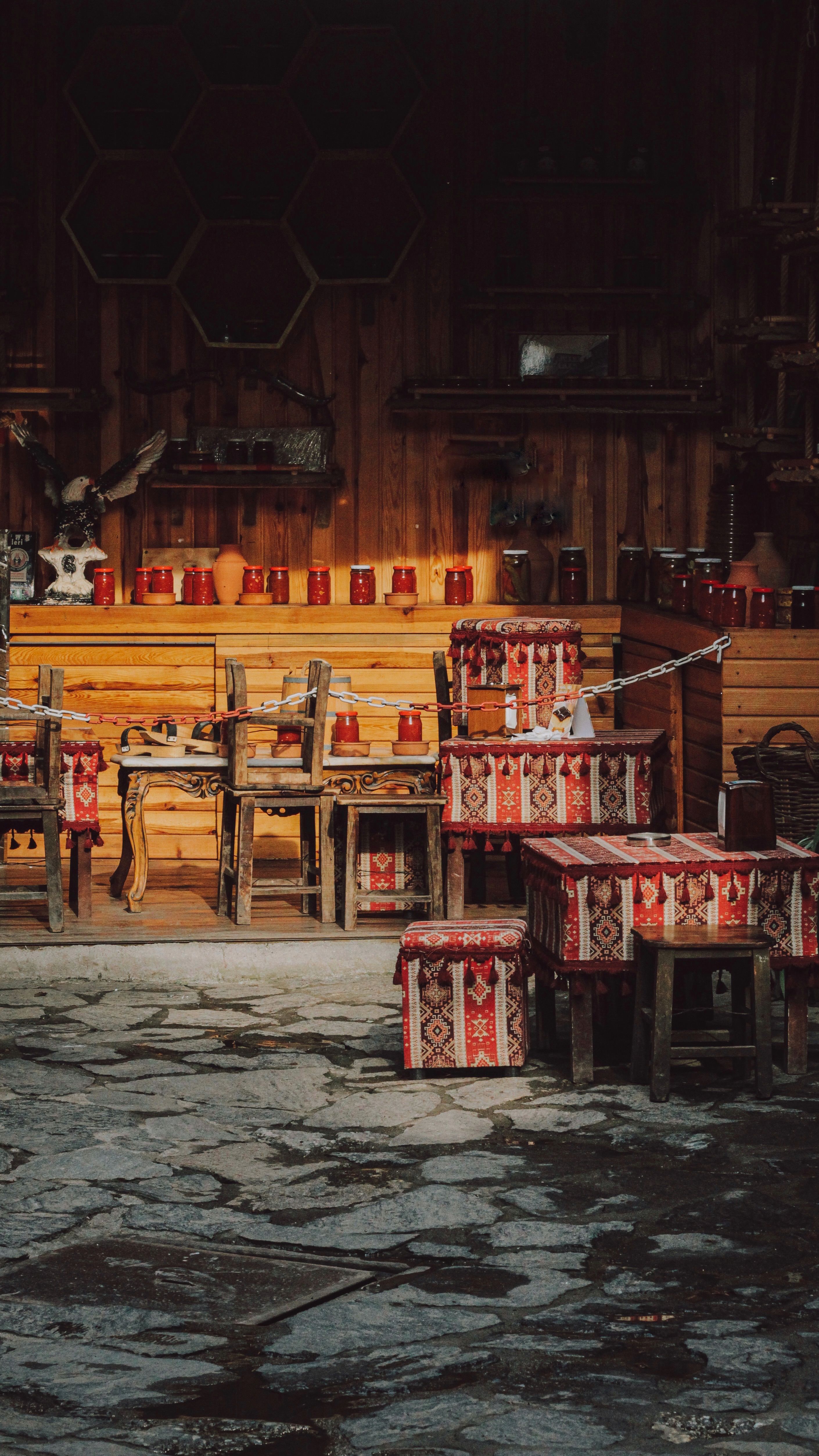 Rustic Wooden Interior with Pattern Decoration and Jars with Jams ...