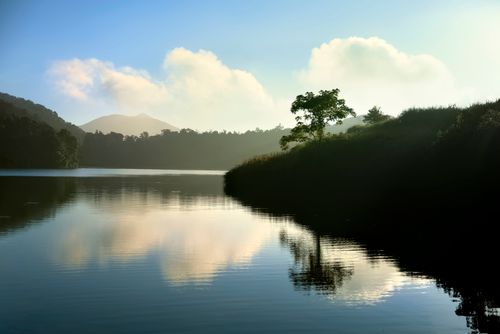 Free Serene lake scene with reflections of clouds and trees during sunrise. Stock Photo