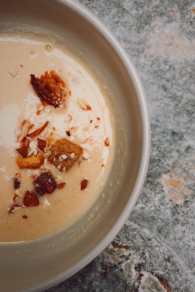 Soup In Gray Ceramic Bowl