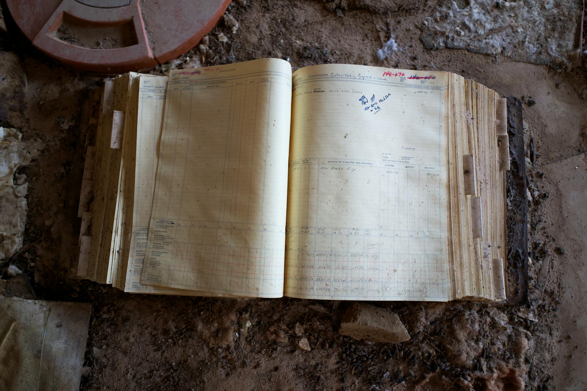 An open ledger book on a dusty floor, evoking a sense of history and abandonment.