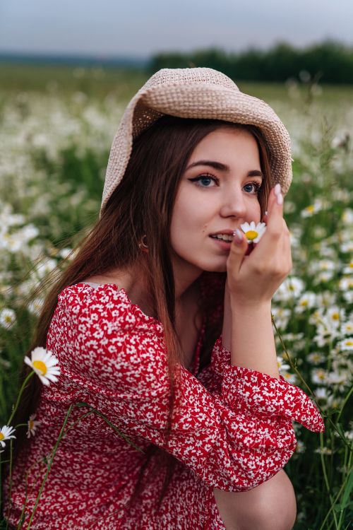 Free A young woman in a red floral dress sits in a daisy field, embracing nature with a smile. Stock Photo
