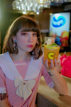A stylish woman in a pink outfit holding a Pac-Man themed drink indoors with retro decor.