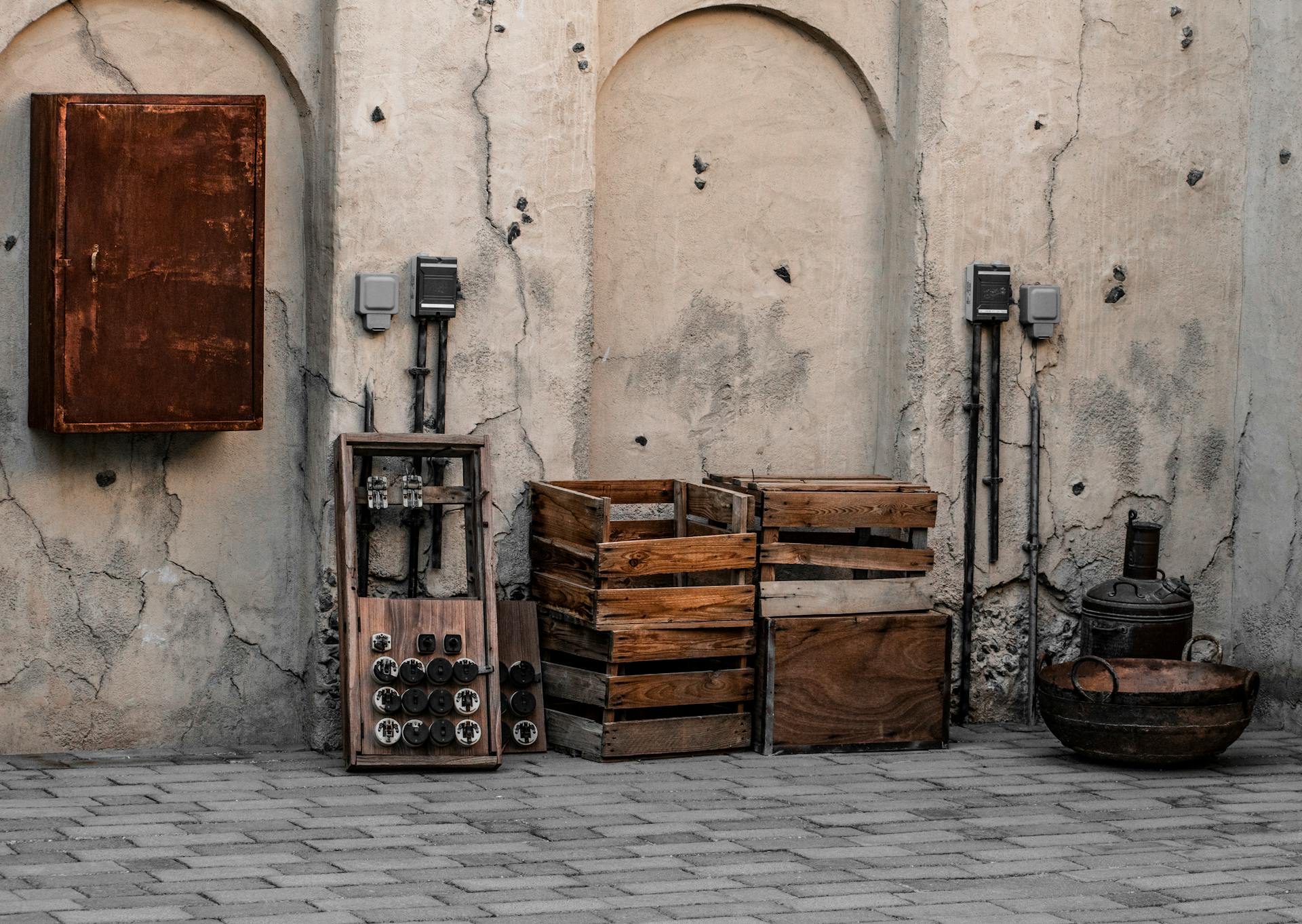 Abandoned wooden crates and vintage switchboards against a textured wall in Dubai.