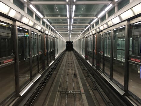 A modern, symmetrical train tunnel in a Washington DC airport terminal, showcasing transportation architecture.