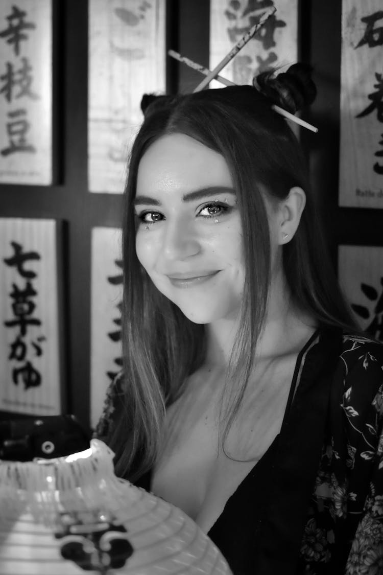 Traditional Japanese Style Portrait Of A Woman In Black And White