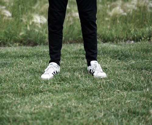 Person in Black Pants and White Sneakers Standing on Grass 