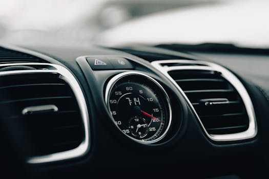 Close-up view of a modern car's dashboard featuring a speedometer and ventilation system.