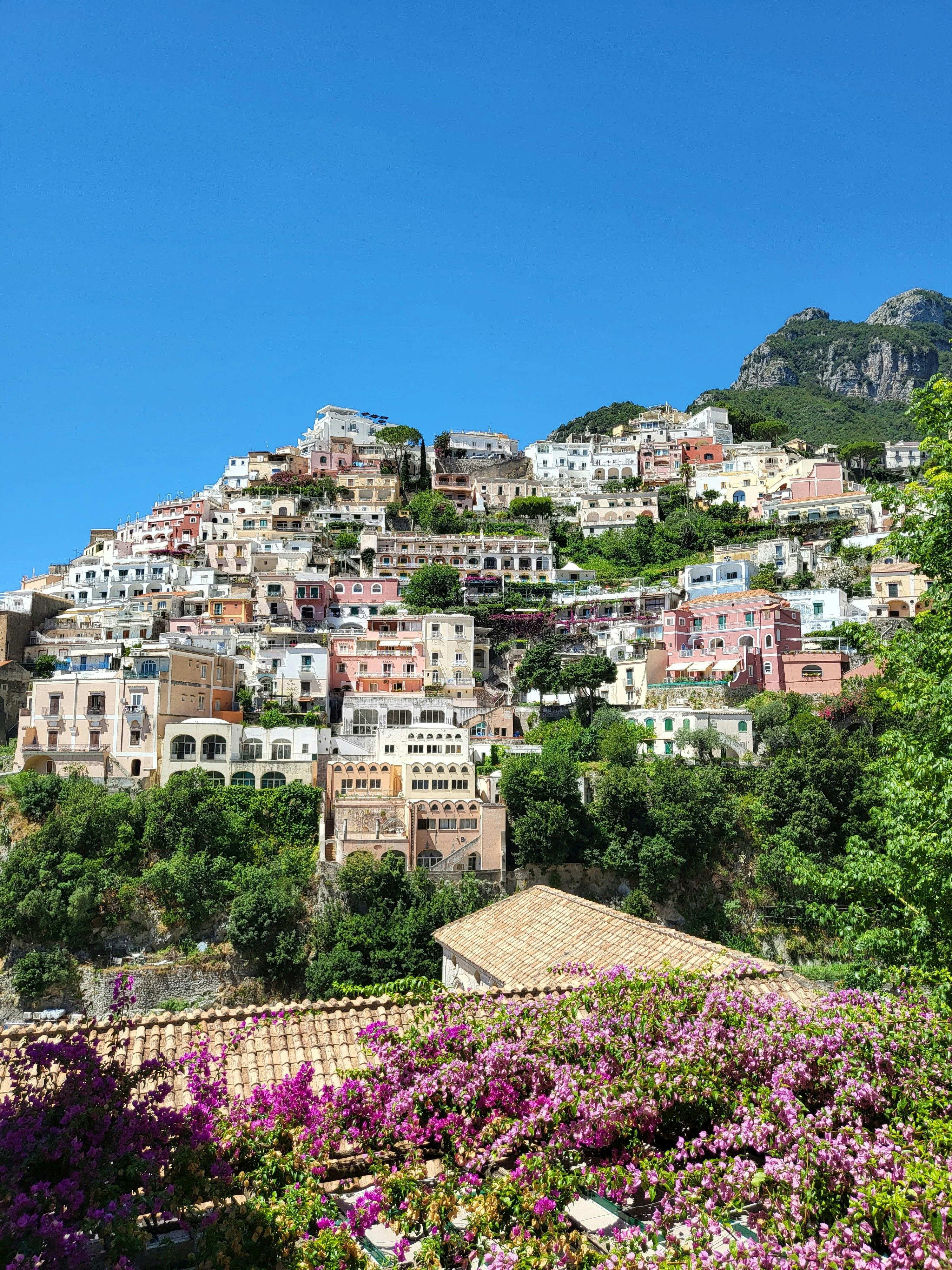 A Mediterranean mountain townscape framed by purple flowers