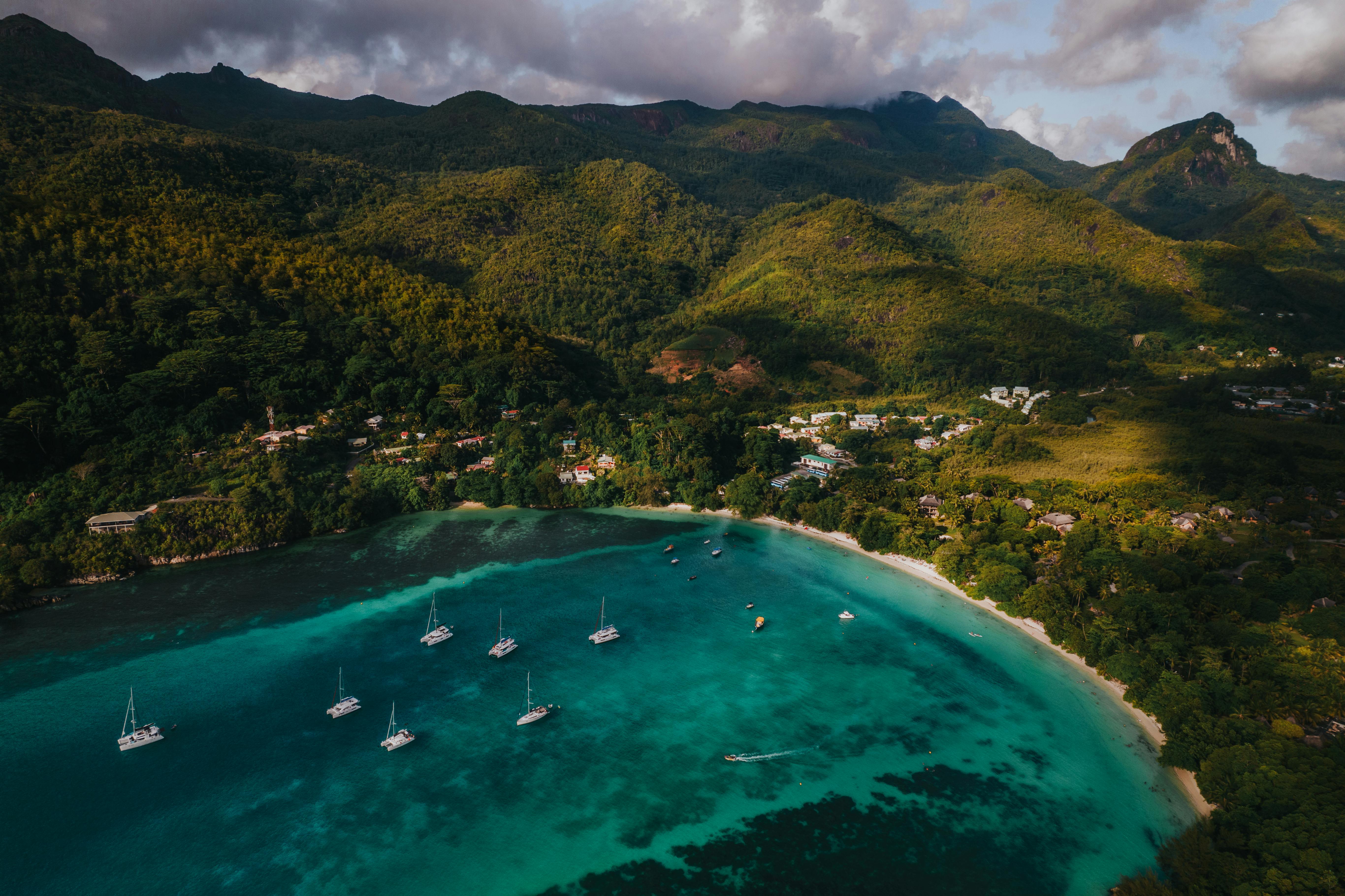 aeriel photography on tropical bay port launay mahe island seychelles