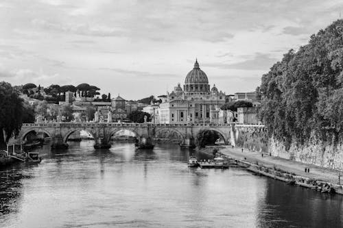 River in Town in Black and White