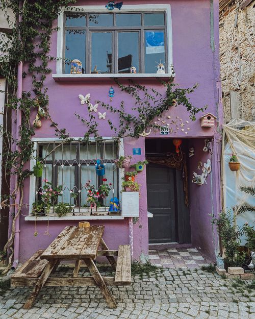 Free Delightful purple house facade adorned with ivy and decorations, featuring rustic bench and floral arrangements. Stock Photo