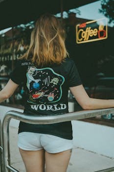 Casual scene showing a woman with print shirt in summer city setting, back view.