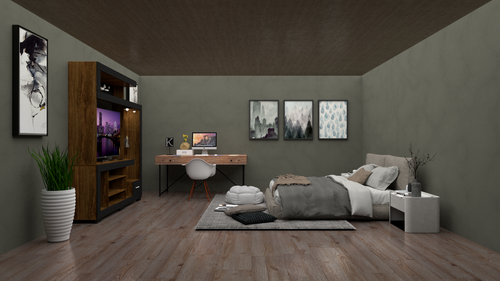 Free A modern bedroom featuring a desk workspace, bed, and stylish decor elements. Stock Photo