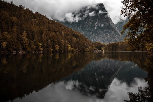 Stunning mountain and forest reflection in calm lake, Tirol, Austria.