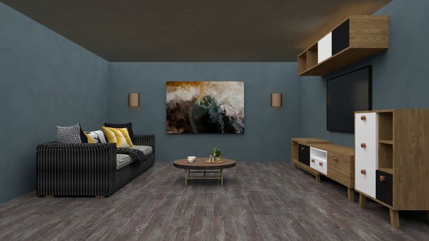 Chic modern living room interior featuring a stylish sofa, artwork, and wooden furniture.