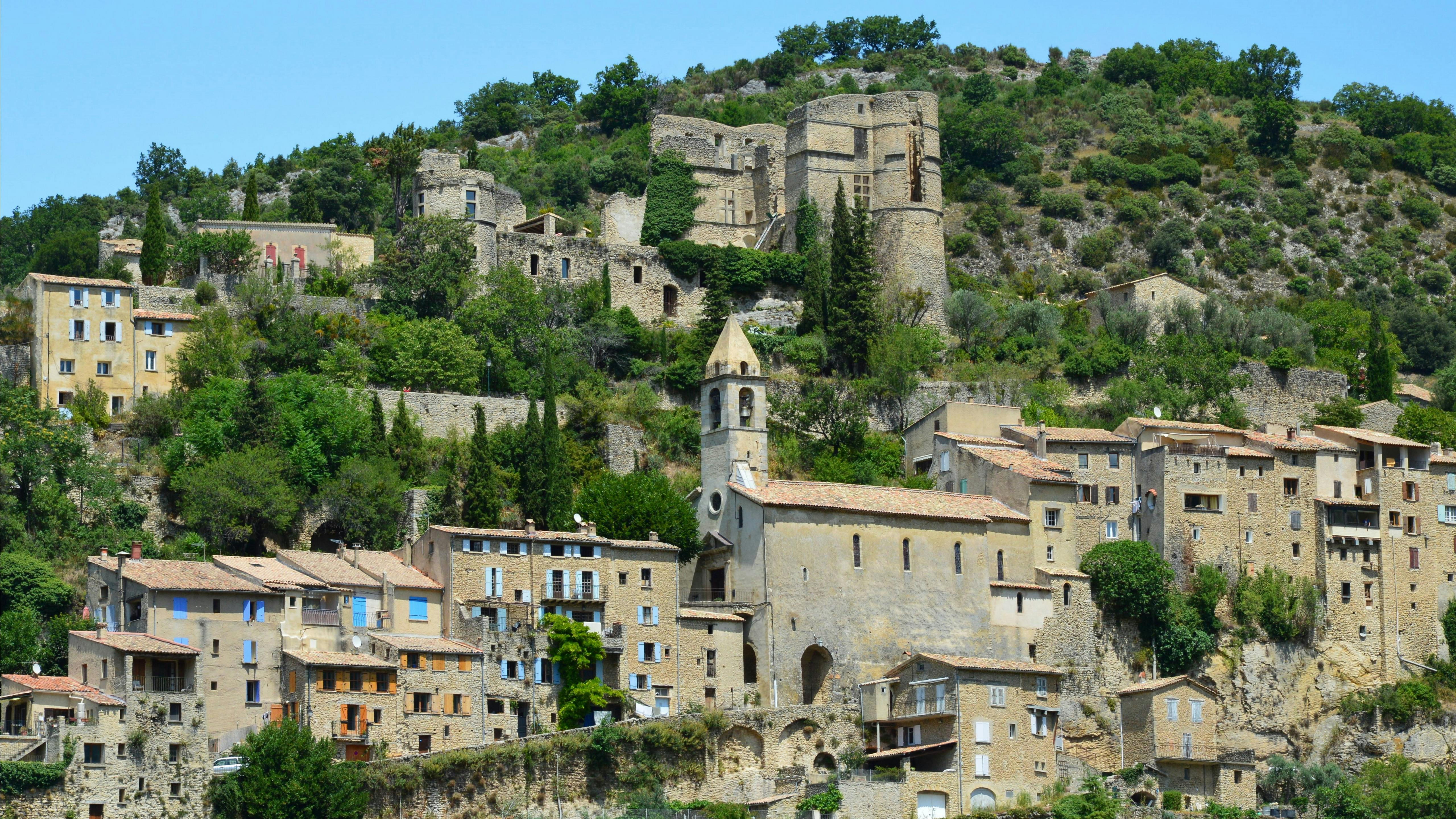 Vue d'un village provençal avec champs de vignes en arrière-plan