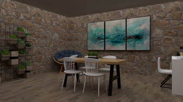 Modern dining room with stone walls and minimalist decor, featuring a stylish wooden table and abstract artwork.