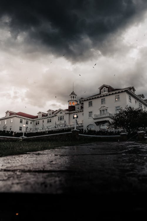 Birds Flying above Large Mansion