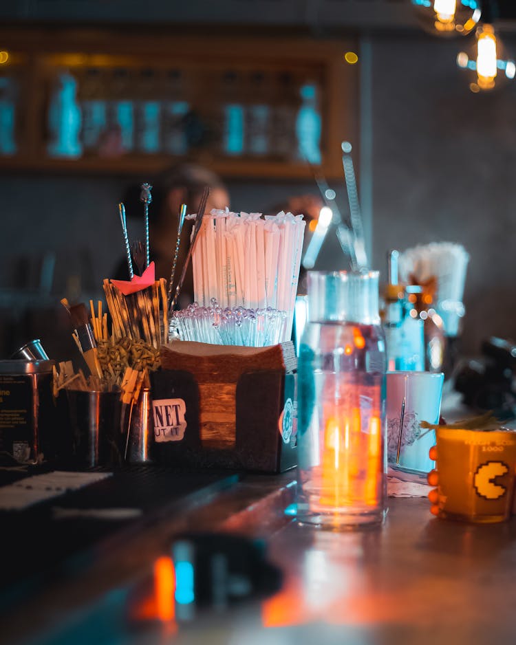 A Counter With Supplies In A Bar