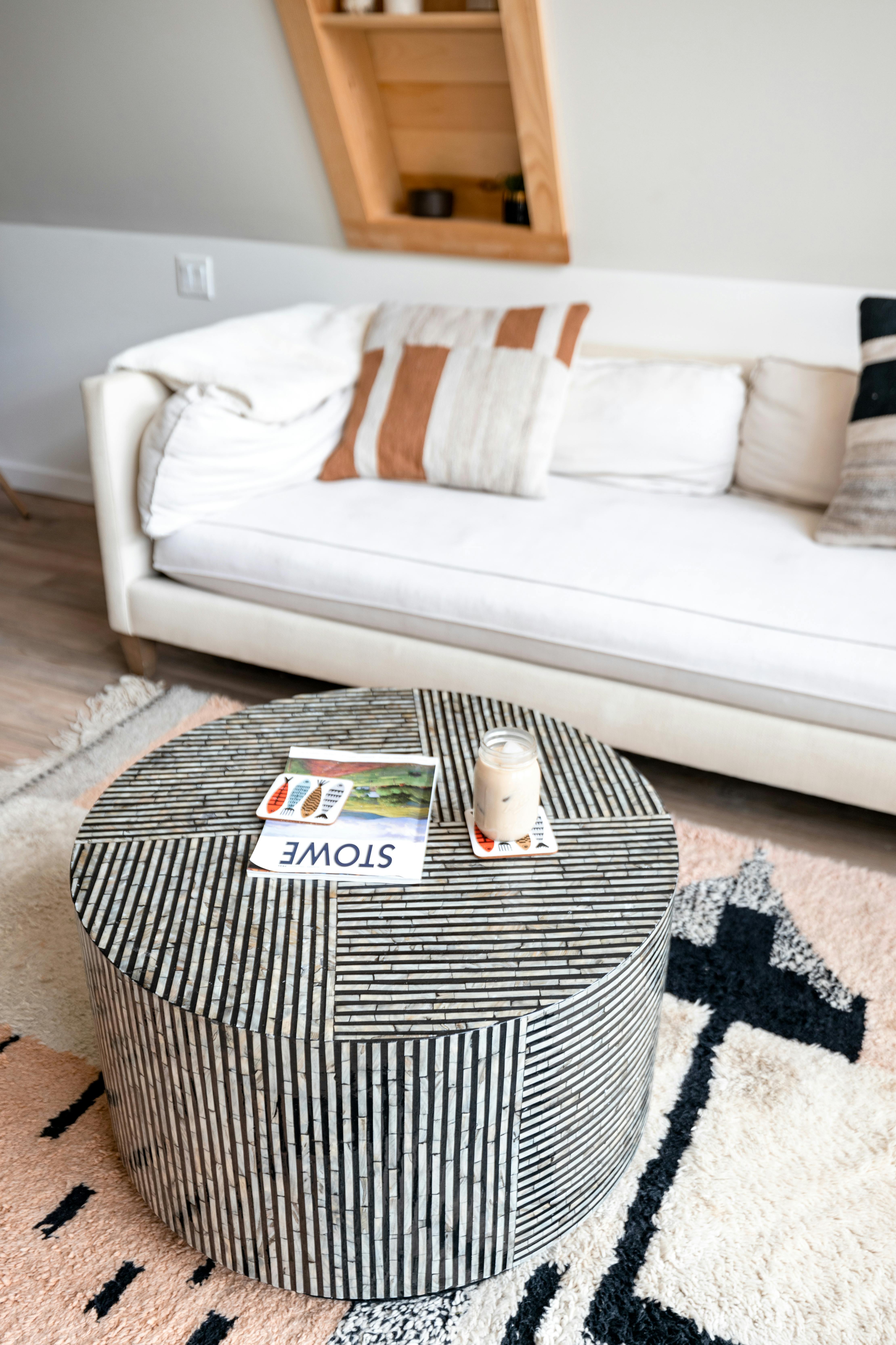 Free Stylish living room with striped table and cozy couch in Stowe, VT. Stock Photo