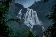 在阴天，强大的瀑布穿过充满活力的雨林倾泻而下