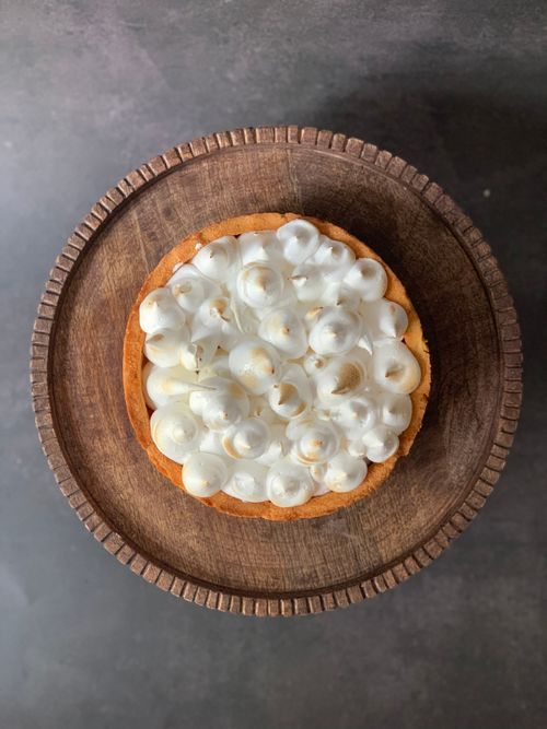 Free Top view of lemon meringue pie with rustic presentation. Stock Photo